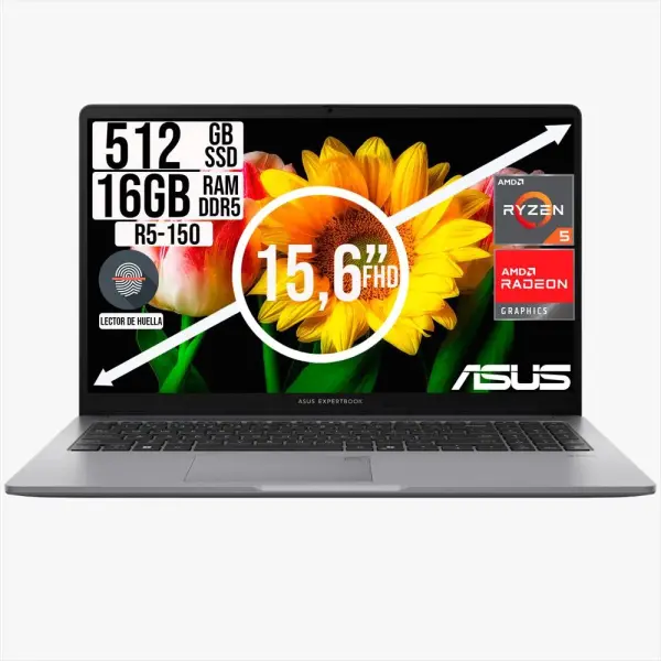 ASUS EXPERBOOK PM 1503CDA -S70332 AMD RYZEN 5-150 / SSD 512 GB /RAM 16GB DDR5/LED 15.6 FHD /LECTOR DE HUELLA / MISTY CREY.